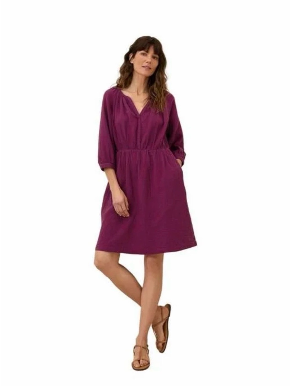 Pact Women's Purple Organic Cotton Gauze Peasant Coastal V-Neck Midi Dress XS